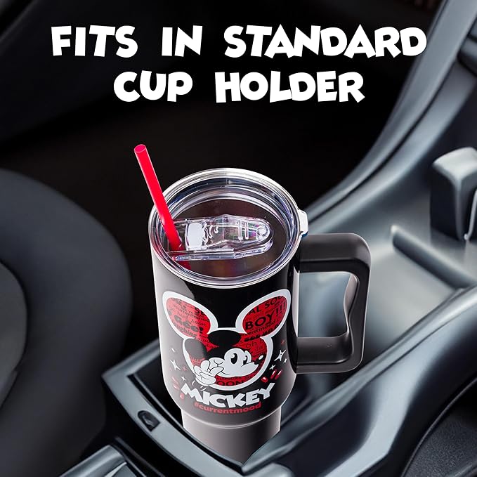 Silver Buffalo Disney Classic Mickey Mouse Hashtag Current Mood “#currentmood” Stainless Steel Tumbler with Handle and Straw, Fits in Standard Cup Holder, 40 Ounces