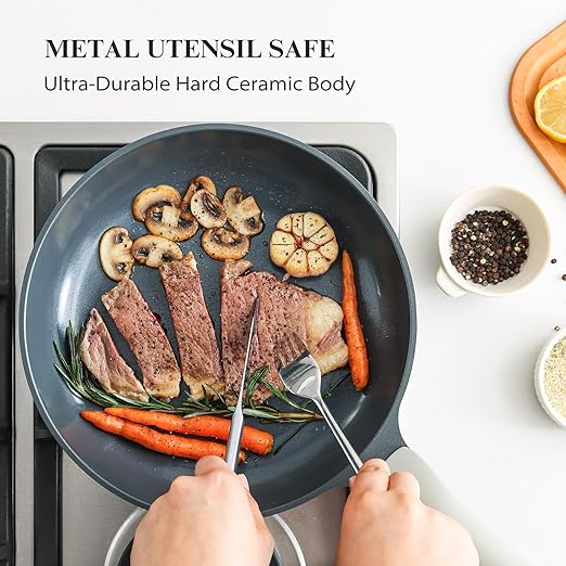 PRICUSIS Nonstick Ceramic Frying Pan, Skillet with Stay Cool Handle, Egg & Omelet & Chef's Pan, Induction Compatible & Oven Safe, Dishwasher Safe, PTFE PFAS & PFOA Free (8+12 Inch)