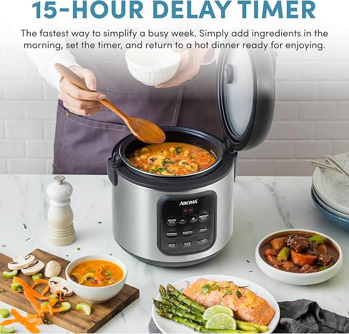 AROMA® Digital Rice Cooker, 4-Cup (Uncooked) / 8-Cup (Cooked), Steamer, Multicooker, Slow Cooker, Oatmeal Cooker, Auto Keep Warm, 2 Qt, Stainless Steel Exterior