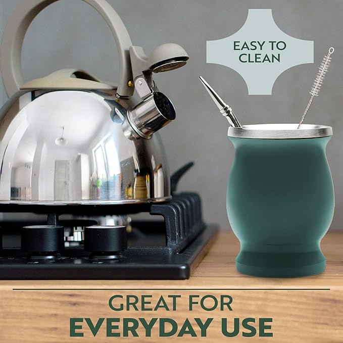 Norte Yerba Mate Cup Kit, 8-Ounces Traditional Mate Tea Cup/Gourd Set | Includes 2 Bombillas (Yerba Mate Straw) & Cleaning Brush, Stainless Steel Cup, Double-Walled, Easy to Clean | Green