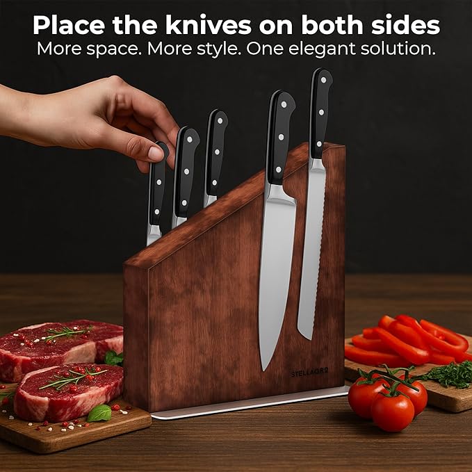 Magnetic Knife Block Without Knives, Double-Sided Wooden Knife Block Stand with Strong Magnets & Anti-Slip Base, Kitchen Knife Storage Rack, Brown