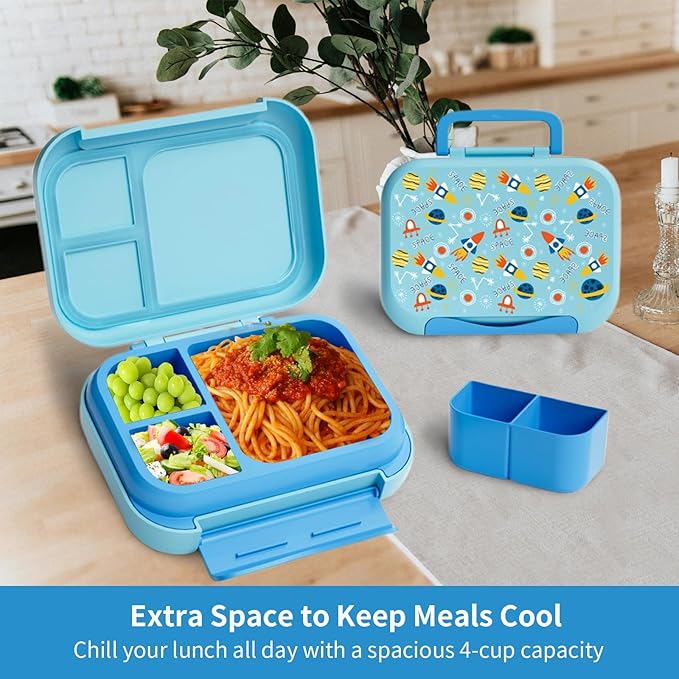 Prints Leak-Proof XL Lunch Box - Reusable 3-Compartment Containers Bento Box for meal Prepping;5-Cup Capacity for Adults & Ages 8+, BPA-Free, Dishwasher Safe (Blue - Planet Rocket)