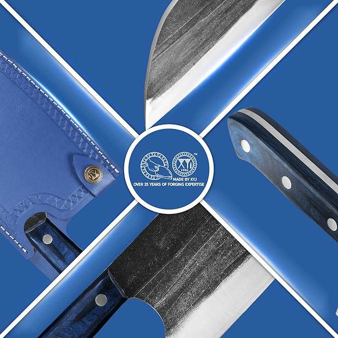 XYJ Authentic Since 1986,Ancient Forged Butcher Knives,Serbian Chef Knife With Sheath,Tiny Knife,Chinese Vegetable Meat Cleaver For Kitchen Camping Outdoor,Full Tang,High Carbon Steel (8 inch)