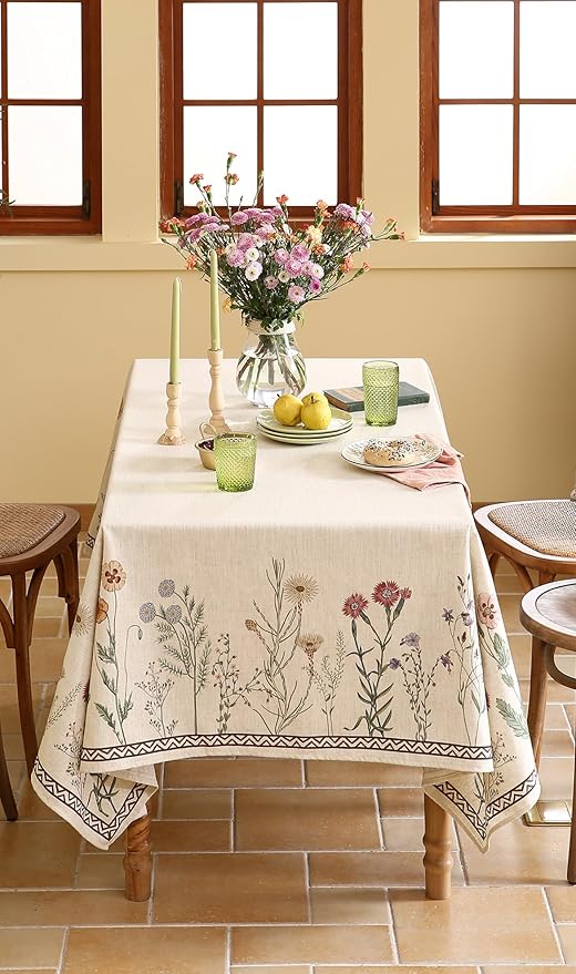ISAENNE Designer Off White Linen Square Tablecloth,Floral Elegant Table Cloth,Stain Resistant Vintage Decor Tablecloths for Dining Thanksgiving Kitchen Christmas Party,67"*67"-Serenity G