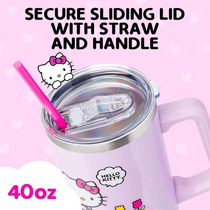 Silver Buffalo Sanrio Hello Kitty Spring and Summer Flowers Rainbow Stripes Stainless Steel Tumbler with Handle and Straw, Fits in Standard Cup Holder, 40 Ounces