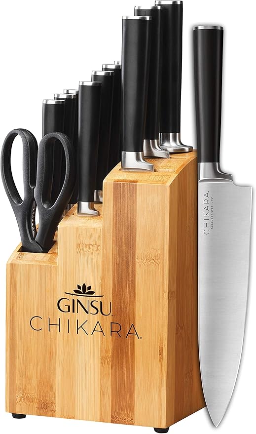 GINSU Chikara Series 12-Piece Japanese Kitchen Knife Set - Premium 420J Stainless Steel Cutlery Set with Bamboo Block, Perfect for Any Table or Dining Room, Includes Steak Knives – Black