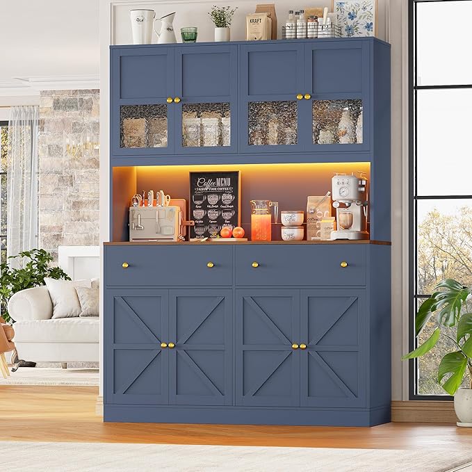 FINETONES 71" Pantry Cabinet with LED Light and Charging Station, Farmhouse Kitchen Pantry Cabinet with Microwave Stand, 47.2" Wide Kitchen Hutch Food Pantry with Open Countertop, Blue