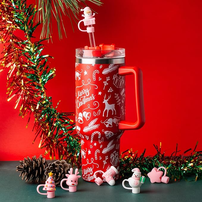 6Pcs Christmas Pink Straw Cover Cap for Stanley Cup 40oz/30oz Tumbler, 10mm Reusable Cute Drinking Straw Topper Accessories, Portable Protector Plugs Decorations Gifts for Party Christmas