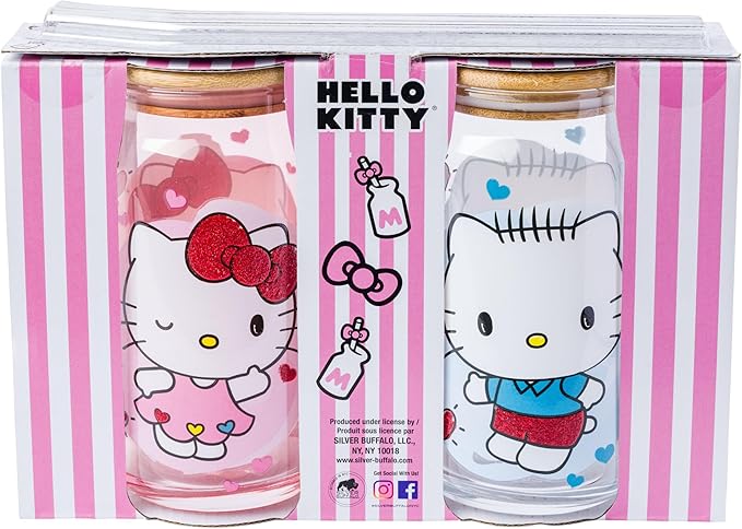 Silver Buffalo Sanrio Hello Kitty and Friends Featuring Dear Daniel 2 Pack Glass Jar Tumbler with Bamboo Lid and Glass Straw, 16 Ounces
