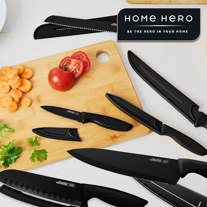 Home Hero High Carbon Stainless Steel Knife Set - Chef Knife Set Precision Slicing & Versatility - Nonstick Ceramic Coated Blades & Easy Cleaning - Ergonomic Handles & Secure Grip - 12-Piece, Black
