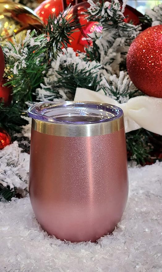 CHILLOUT LIFE 12 oz Stainless Steel Wine Tumblers 4 Pack - Double Wall Vacuum Insulated Wine Glasses Cups with Lids and Straws Set Keeping Cold & Hot for Coffee, Beer, Ice Cream - Rose Gold