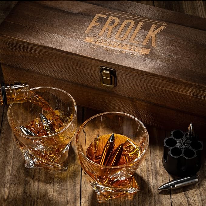 Frolk Whiskey Chillers Premium Gift Set, Set Of 6 Extra Large Stainless Steel Whiskey Stones, 2 Large Twisted Whiskey Glasses (11 oz), Freezer Base, Velvet Pouch & Tongs In Novelty Wooden Box