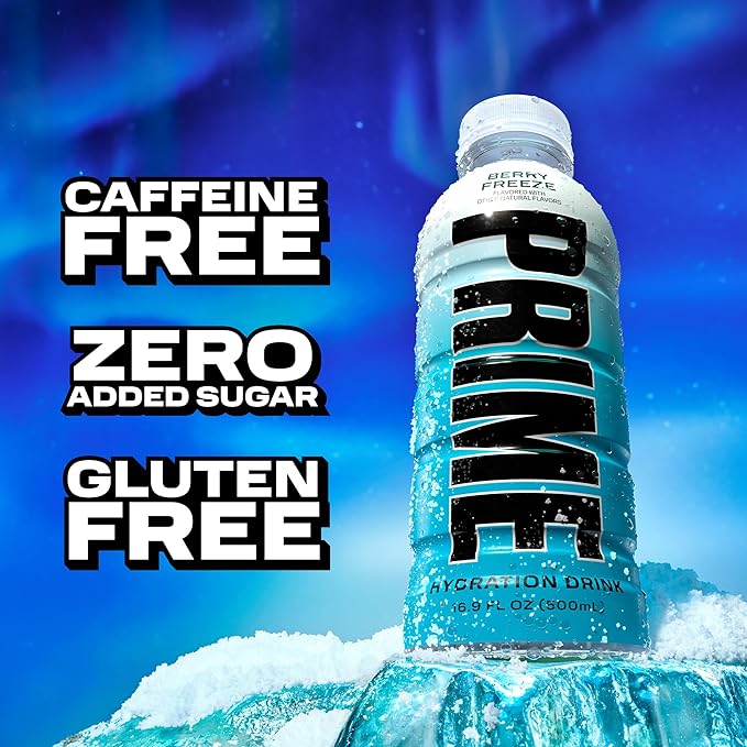 PRIME Hydration BERRY FREEZE, Sports Drinks, Electrolyte Enhanced for Ultimate Hydration, 250mg BCAAs, B Vitamins, Antioxidants, Low Sugar, 16.9 Fl Oz, 12 Pack