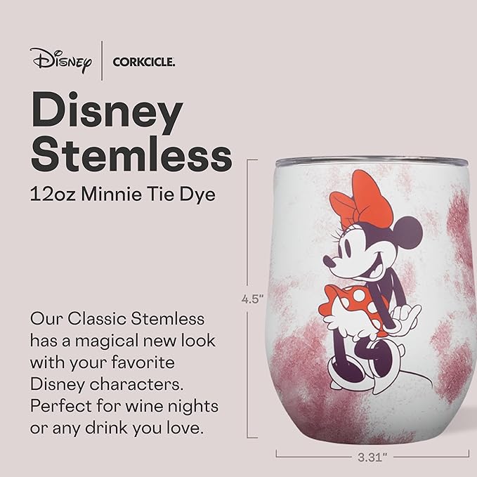 Corkcicle Stemless Insulated Wine Glass Tumbler - Keeps Beverages Cold 6 Hours & Hot 3 Hours - Stainless Steel - Easy-Grip - Summer Drinkware Gift - Keeps Drink Ice Cold - 12 oz - Minnie Mouse Tie Dye