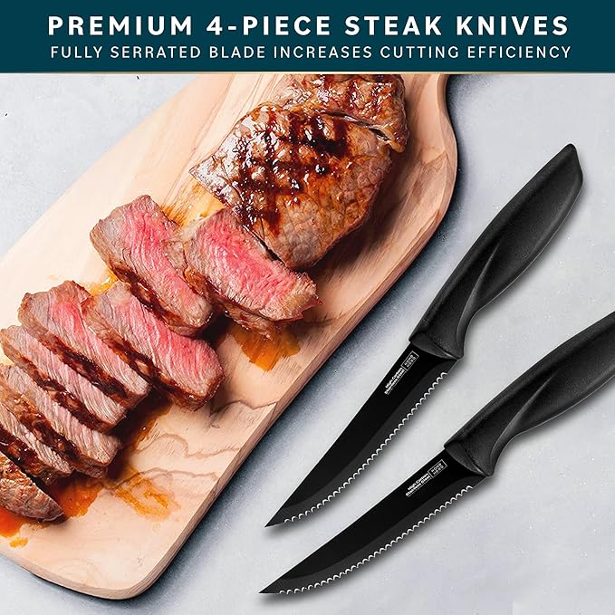 Home Hero Steak Knife Set - Effortless Cutting & Serrated Steak Knives - Rust-Resistant Stainless Steel Blades & Cutlery Set - Comfort-Grip Handles & Kitchen Knife Set - Pack of 4, Black