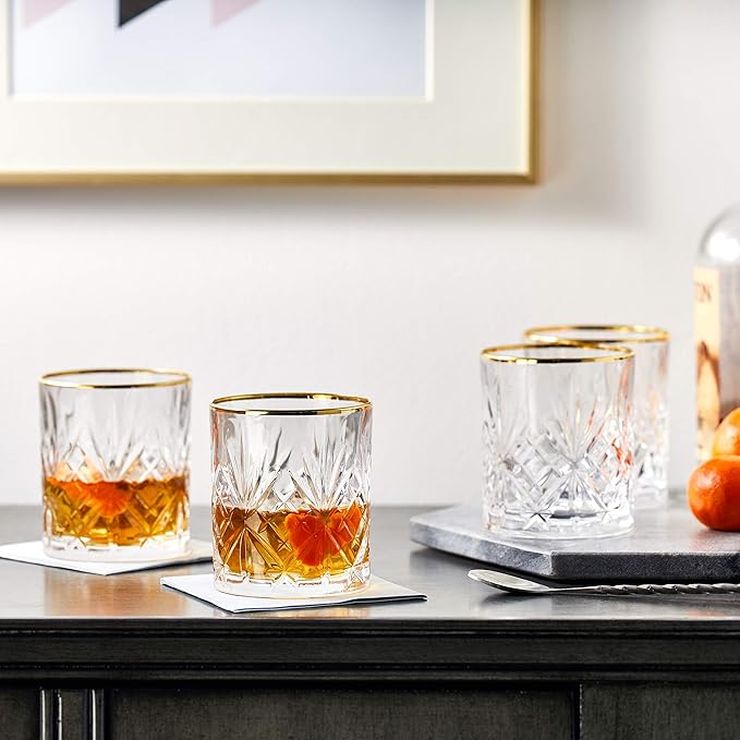 Lorren Home Trends Siena Collection Crystal Double Old Fashion Beverage Glass with Gold Band Design, Set of 4,10 FL OZ