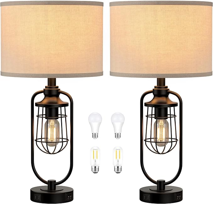 24" Farmhouse Table Lamps for Living Room Set of 2, Industrial Bedside Lamp for - Image 7