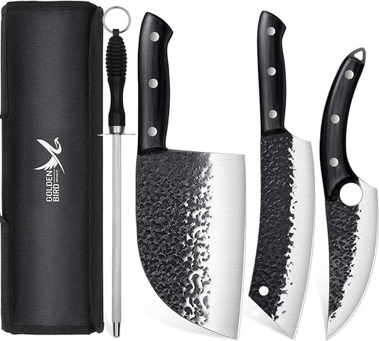 Golden Bird Butcher Knife Set - 4pcs Hand Forged Meat Cleaver Knife & Serbian Chef Knives & Sharp Viking Knives for Meat Cutting, Camping, BBQ, Christmas Gifts for Men Women