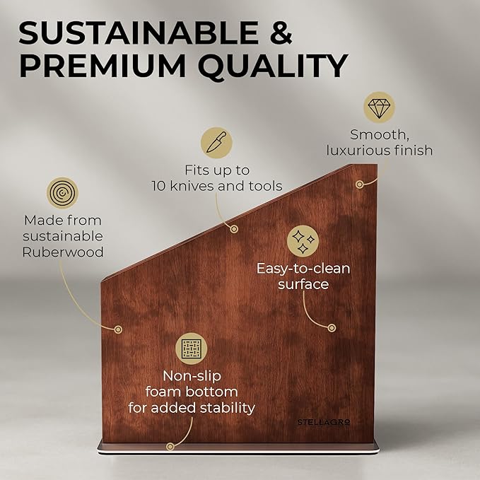 Magnetic Knife Block Without Knives, Double-Sided Wooden Knife Block Stand with Strong Magnets & Anti-Slip Base, Kitchen Knife Storage Rack, Brown