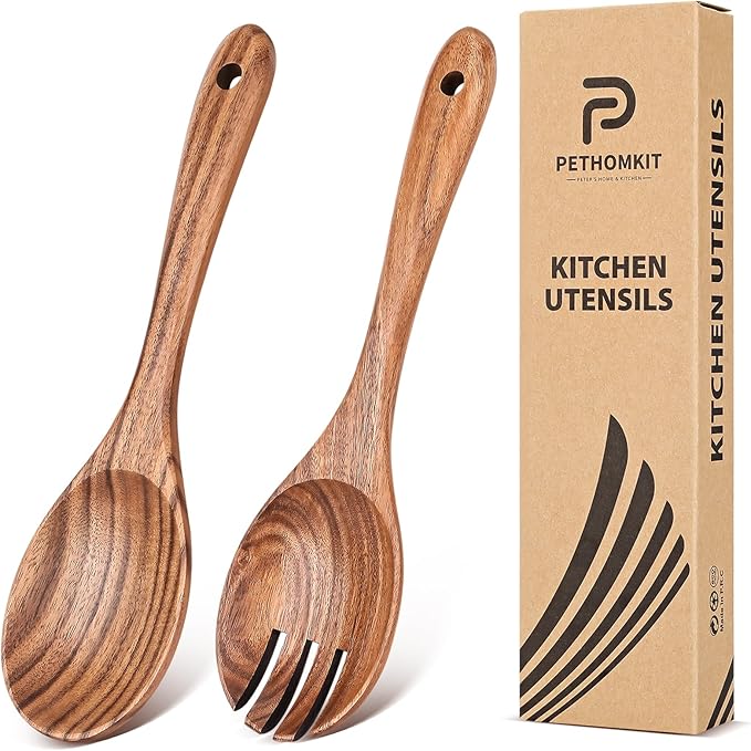 Wooden Spoons for Cooking, 2pcs Teak Salad Kit, Wooden Salad Servers, Wood Salad Serving Utensils Set, Wooden Salad Spoon Fork Set for Serving, Mixing, Tossing, Stirring,10.5″