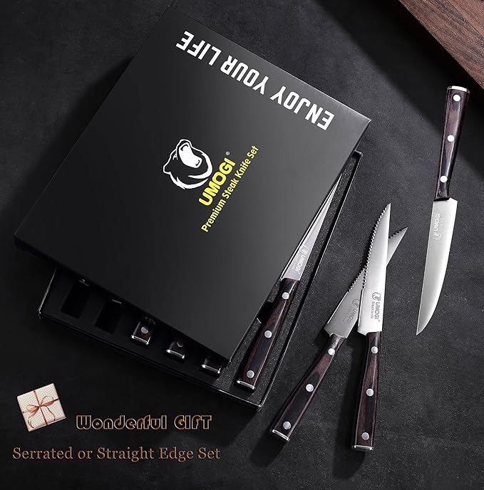 High-end Steak Knives Set of 6, Gift Box - Black Natural Wooden Handle, German Stainless Steel - Straight Edge Non Serrated - 4.8''Dinner Knife, Kitchen Tableware Knives Cutlery Set