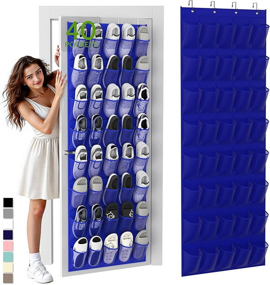Unjumbly Over the Door Shoe Organizer with 40 Large Breathable Mesh Pockets, Space Saving Shoe Holder, Hanging Shoe Rack for Entryway Bedroom Closet Storage (Navy Blue, 40 Pockets)