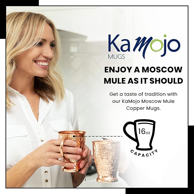 Copper Cups Set of 2 with Unique Handcrafted Embossed Design with Anti-Tarnish Food-Grade Coating - Moscow Mule Copper Mugs Gift Set with 2 Straws & Recipe E-Book, 16 oz