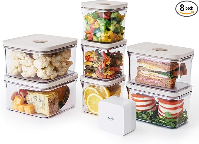 VAKUEN Premium Airtight Food Storage Container. Special Edition Mercury Color 8P/Set. 7pcs Container and Vacuum Sealer. Patented Double Silicone Lining, 100% Leak Proof, BPA-FREE