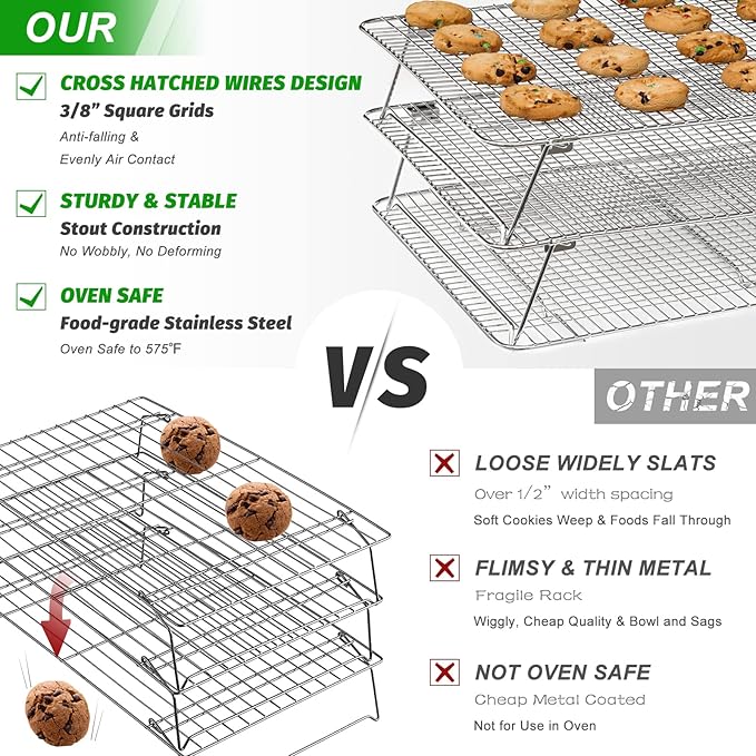 Stainless Steel Stackable Cooling Rack for Baking, 3 Tier 12”x 16.5”,Oven & Dishwasher Salf and Fit Half Sheet,Wire Cooling Racks for Cookie, Pizza, Cake