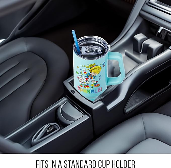 Silver Buffalo Rainbow Brite and Twink Sparkle Stainless Steel Tumbler with Handle and Straw, Fits in Standard Cup Holder, 40 Ounces