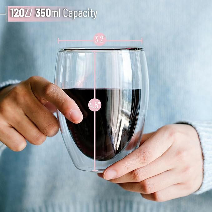 Brew To A Tea - WineGlass, 4 Pack, 12 oz (350 ml), Double Wall Stemless Wine Glass, Christmas Gifts