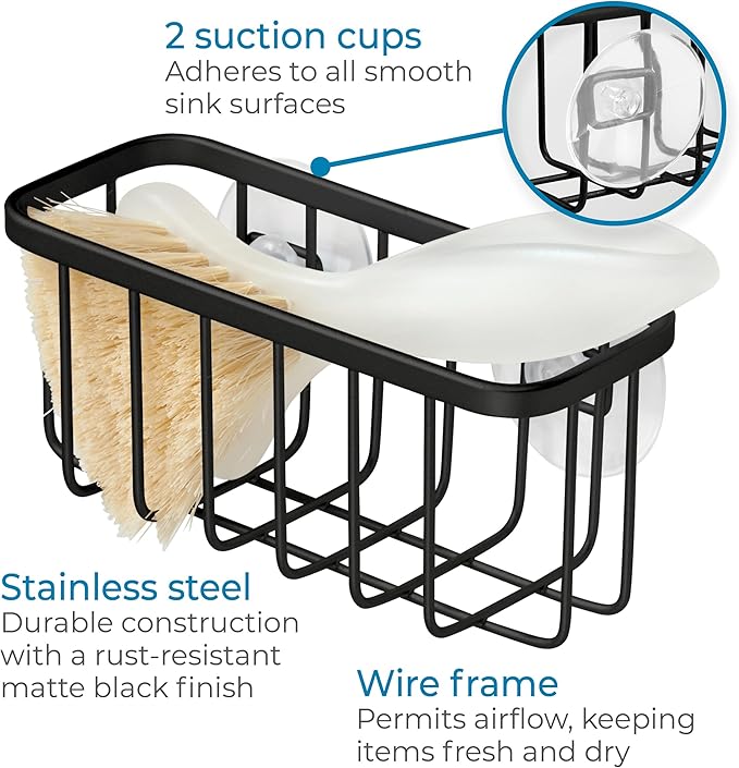 iDesign Rust-Resistant Stainless Steel Sponge Holder for Kitchen Sink with Suction Cups, The Gia Collection - Set of 1, Matte Black