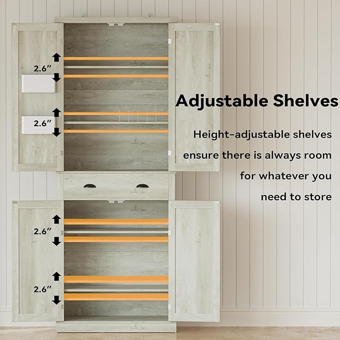 IRONCK Kitchen Pantry Storage Cabinet 83.9" H, with Barn Doors, Drawer, 4 Adjustable Shelves, Freestanding Cupboard for Dining Room Living Room, Laundry, Rustic Maple