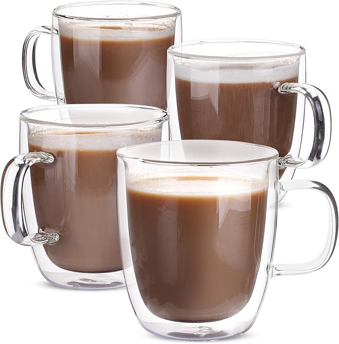 BTaT- Double Wall Glass Coffee Mugs, 12 oz, Set of 4, Clear Latte Cups, Insulated, Christmas Gifts