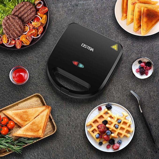 OSTBA 3 in 1 Sandwich Maker Panini Press Waffle Iron Set with 3 Removable Non-Stick Plates, 750 W Toaster Perfect for Sandwiches Grilled Cheese Steak, Black