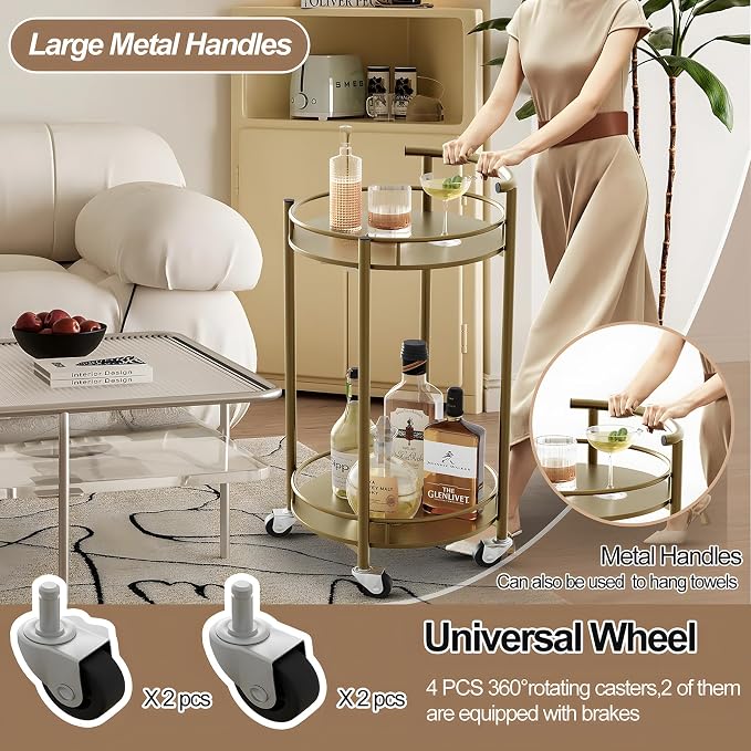 Bar Cart Gold Rolling Cart for Home, 2 Tiers Bar Serving Cart Round Wine Cart - Image 6
