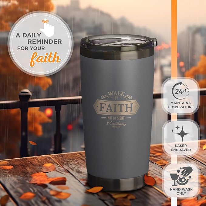 Christian Art Gifts Stainless Steel Double Wall Vacuum Insulated Travel Mug 18 oz Gray Bible Verse Tumbler with Retractable Lid for Men & Women - Walk by Faith - 2 Corinthian 5:7