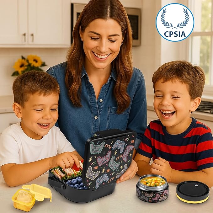 TinyPalsa Bento Box for Kids with 10oz Thermos, Durable Lunch Box with Leak Proof Insulated Food Jar, 3 Compartments with Portable Handle for Ages 3+, Dishwasher Safe, Ideal for School, Travel (Game)