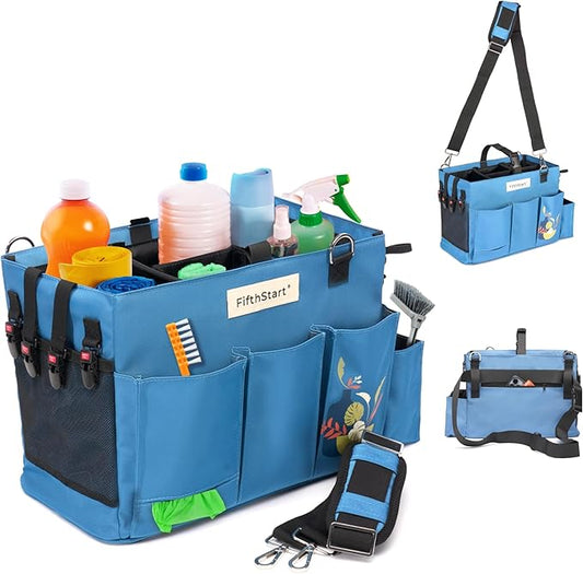 FifthStart Multiuse Cleaning Caddy with Waist, Shoulder Strap 9 Pockets, Mesh Base & Adjustable Compartments - Cleaning Caddy - Cleaning Supplies Organizer (Blue, Small)