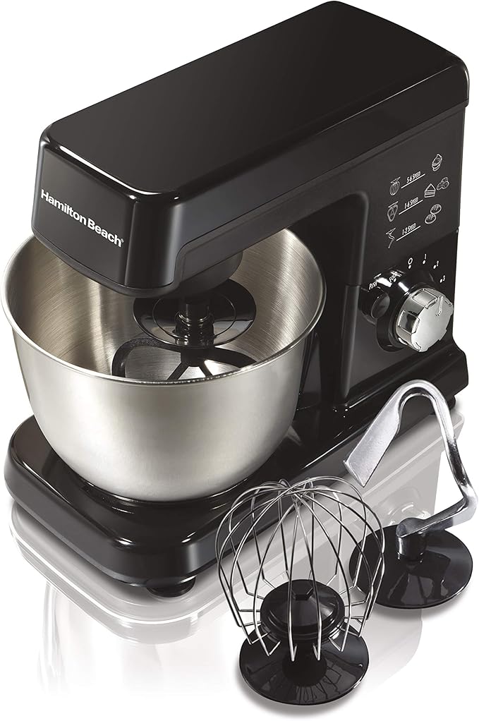 Hamilton Beach 6 Speed Electric Stand Mixer with Stainless Steel 3.5 Quart Bowl, Planetary Mixing, Tilt-Up Head, 300W Motor, Black (63325)