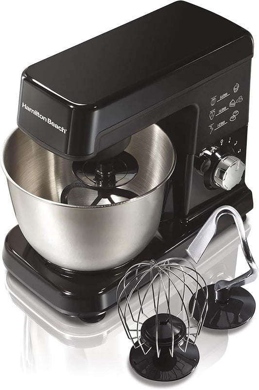 Hamilton Beach 6 Speed Electric Stand Mixer with Stainless Steel 3.5 Quart Bowl, Planetary Mixing, Tilt-Up Head, 300W Motor, Black (63325)