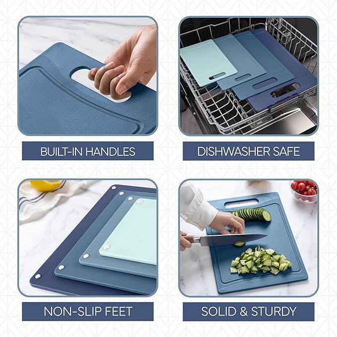 COOK WITH COLOR Non-Slip Cutting Board Set – Kitchen Essentials with Easy Grip Handle for Meat, Veggies, and Fruits, 4 Cutting Boards, Blue-New