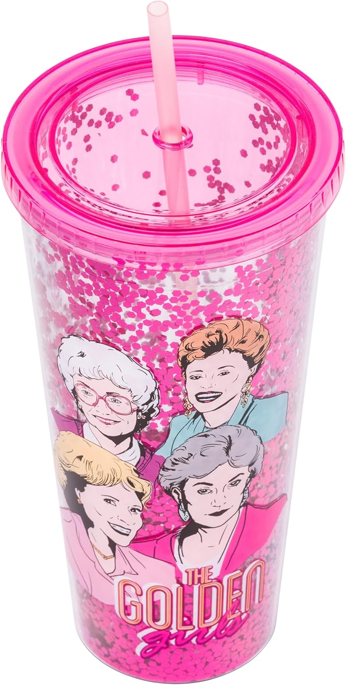 Silver Buffalo The Golden Girls Featuring Blanche, Sophia, Dorothy, and Rose Plastic Confetti Cold Cup with Lid and Straw, 32 Ounces