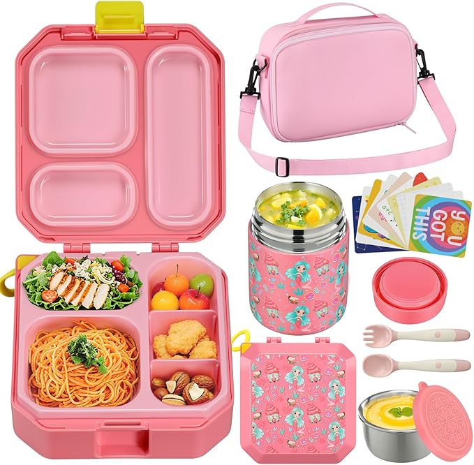 Itslife Bento Lunch Box Set for Kids with 12oz Soup Thermo&Lunch Bag, Leak-Proof Lunch Food Containers for Kids School, 5 Compartment, Sauce Cup, 10 Notes (Mermaids Pink)