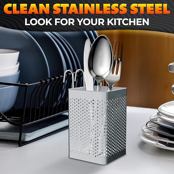 Dishwasher Chopstick Basket – 2.87" x 2.87" x 4" Stainless Steel Utensil Holder | Rust-Resistant Perforated Caddy with Hooks for Organizing Chopsticks, Straws, Teaspoons, and Small Kitchen Tools