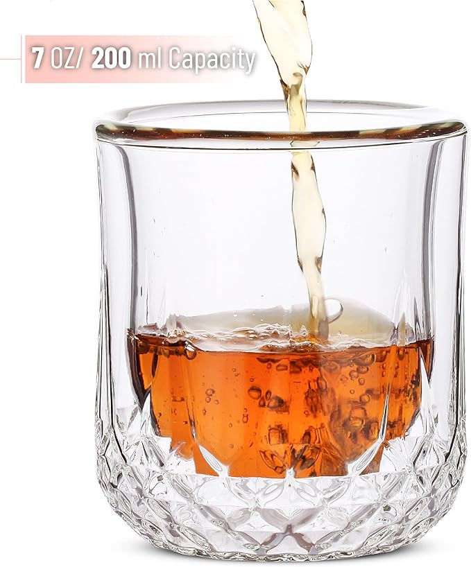 BTaT- Double Wall Whiskey Glasses, Set of 4, Bourbon, Cocktail, Scotch, Old Fashioned, Rocks, Crystal, Vodka, Drinking