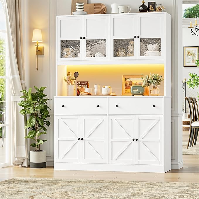 FINETONES 71" Pantry Cabinet with LED Light and Charging Station, Farmhouse Kitchen Pantry Cabinet with Microwave Stand, 47.2" Wide Kitchen Hutch Food Pantry with Open Countertop, White