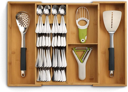Joseph Joseph DrawerStore Expanding Silverware, Flatware, Utensil & Gadgets Organizer, Expandable in Drawer Space Saving Tray, Bamboo