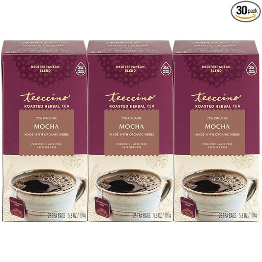 Teeccino Mocha Herbal Tea - Rich & Roasted Herbal Tea That’s Caffeine Free & Prebiotic for Natural Energy, 25 Tea Bags (Pack of 3)