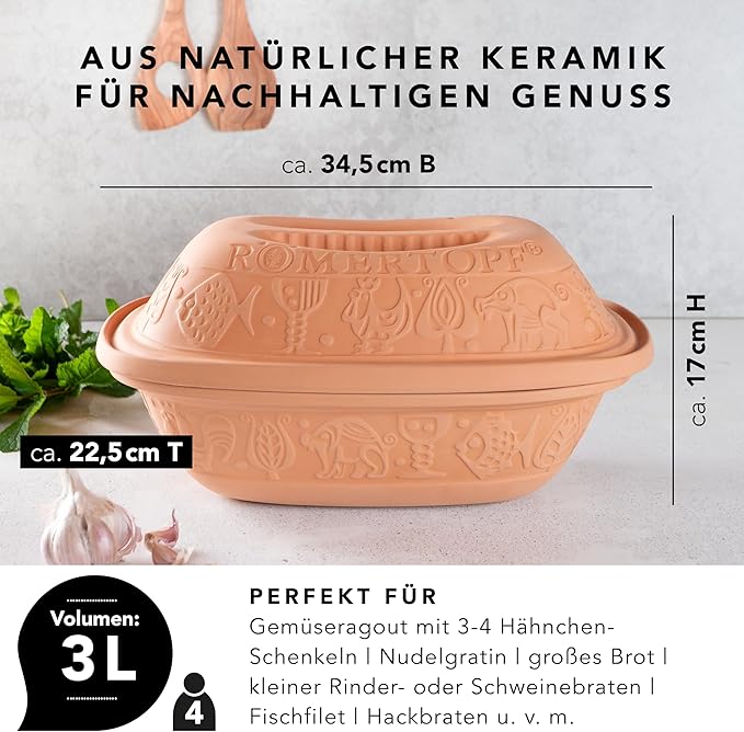 Romertopf Clay Roaster | Non-Stick Dutch Oven | Healthy Pot Cooking | Clay Baker | Versatile Cooking Vessel - 3.2 Quarts (3 Liters) for up to 4 people